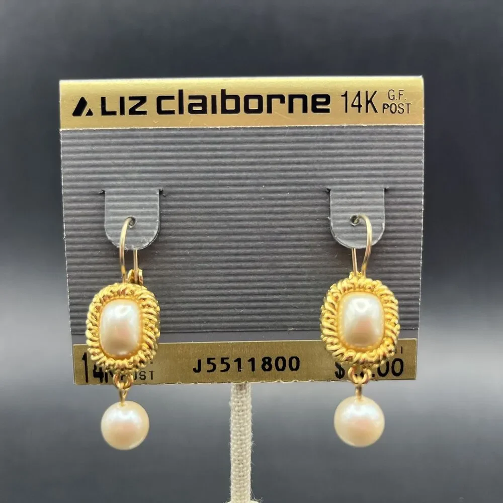 Liz Claiborne Faux Pearl Dangle Earrings Gold Filled Post Drop Classic Vintage